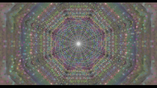 Strålande neontunnel med kaleidoskopisk sexkantgeometri, lila och cyan ljusstrålar spiralande mot det glödande centrumet. Abstrakt VJ-slinga 4K 60fps.