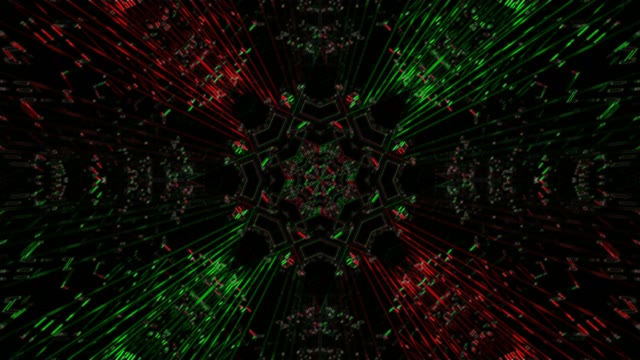 Neon Tunnel 60fps: Red and Green Digital Lights Racing Through Kaleidoscopic...