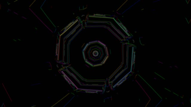 Abstract neon tunnel VJ loop featuring concentric octagonal frames in glowing cyan and magenta colors with central vortex, 4K 60fps motion background