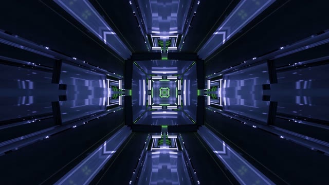 Neon tunnel 60fps with geometric blue and green symmetrical corridor