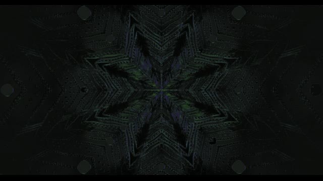 Mörk tech VJ-loop med grodande neonstjärnmönster från blå-gröna geometriska strålar som strahlar från mitten och skapar symmetrisk tunneleffekt i 4K 60fps