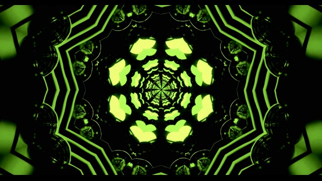 Glödande neon-tunnel VJ loop med symmetriska limegröna geometriska kaleidoskopmönster som strålar från centrum på svart bakgrund, 4K 60fps