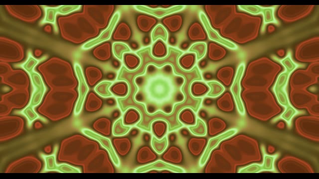 تونل کالیدوسکوپ نئونی براق با الگوهای هندسی قرمز و سبز لیمویی در پس زمینه حرکت حلقه VJ 4K