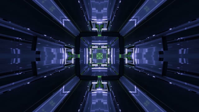 Neon tunnel 60fps with symmetric blue green geometric patterns and digital...