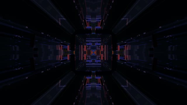 Neon tunnel 60fps with symmetrical blue red geometric architecture and...