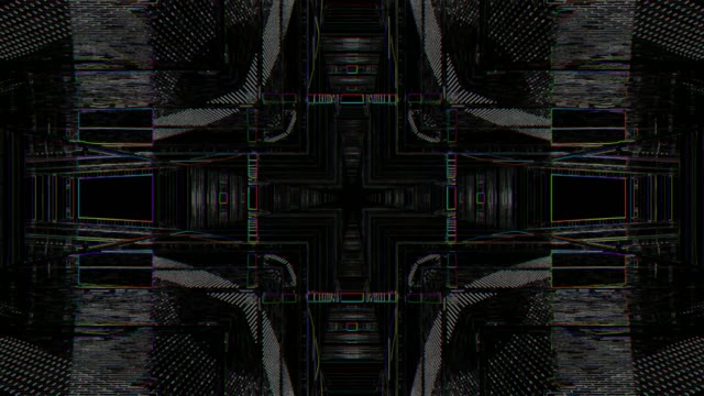 Symmetrical neon tunnel VJ loop with cyan and magenta geometric patterns, mirrored corridors creating infinite depth effect in 4K 60fps motion background