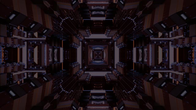 Neon tunnel 60fps with symmetrical geometric architecture and blue-purple...