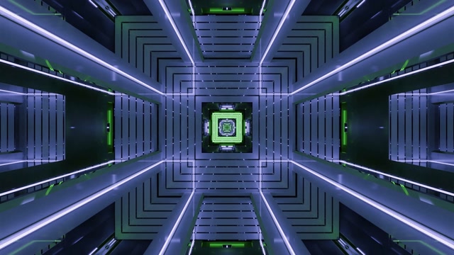 Neon tunnel 60fps with symmetrical geometric blue and green light corridors