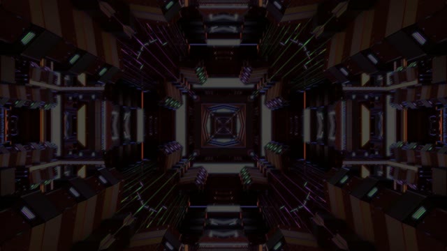 Neon tunnel 60fps with symmetrical geometric purple and cyan light patterns