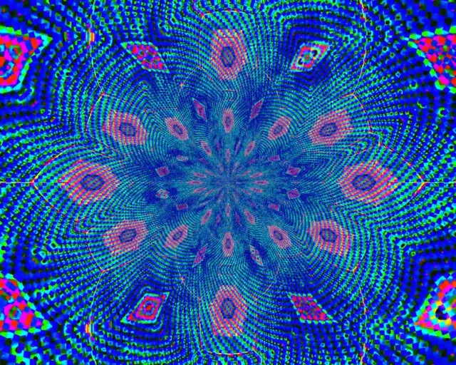 振動的藍色和青色霓虹螺旋，粉紅色花朵形狀從中心輻射，複雜的幾何網格圖案在循環VJ背景中創造深度