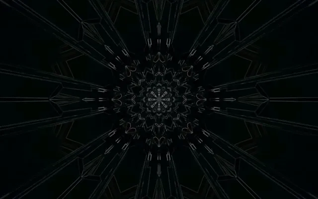 Simetriško neono tunelio su sudėtingu geometriniu mandalo raštu, spindinčiu iš centro, tamsi fonas, 4K VJ kilpa