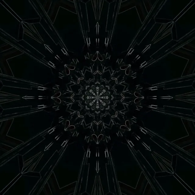 Mandala kaleidoskop neon simetri dengan corak geometri bersinar dalam kelabu gelap dan putih, mencipta kesan terowong tak terhingga dalam gelung VJ 4K 60fps
