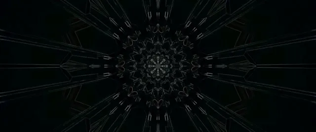 Symetryczny tunel neonowy z promieniającymi koncentrycznymi wzorami geometrycznymi, ciemne tony z jasnozielonymi i cyjanowymi liniami tworzą hipnotyzujący mandala wir dla pętli VJ