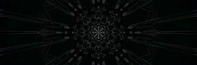 Symmetrische neon-caleidoscooptunnel met uitstralende geometrische patronen in donkere tinten, creëert oneindige werveleffect voor VJ-loops