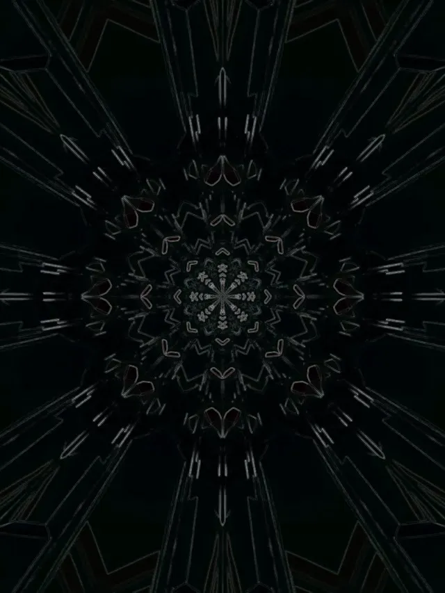 Sümmeetriline neon mandala-tunnel cyan ja magenta geomeetriliste mustritega, mis kiirguavad keskpunktist, hipnotiseeriv abstraktne VJ silmuse efekt