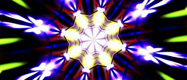 Živahan neonski kaleidoskopski prasak sa žutim, plavim i ljubičastim zracima koji zrače iz sjajnog centra, simetričan 4K VJ petlji