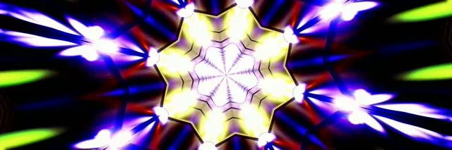 Яркие неоновые калейдоскопные вспышки с желтыми, синими и фиолетовыми световыми лучами, излучающимися симметрично. Абстрактный VJ цикл.
