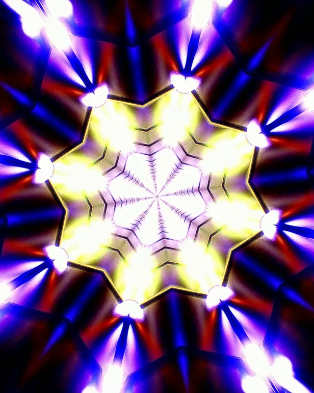 Skitterende neOn-kaleidoskoopuitbarsting met helder wit sentrums, blou en pers strale wat uitwaarts ontplof, abstrakte VJ-lus beweegingsgrafika