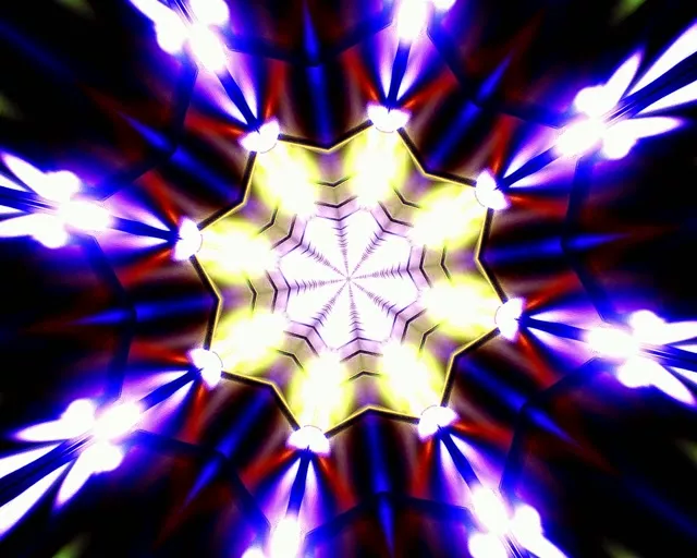Skitterend neon-kaleidoskoop wat ontplof met blou, wit en geel elektriese strale in simmetriese patrone vir 'n betowerende VJ-lus-agtergrond
