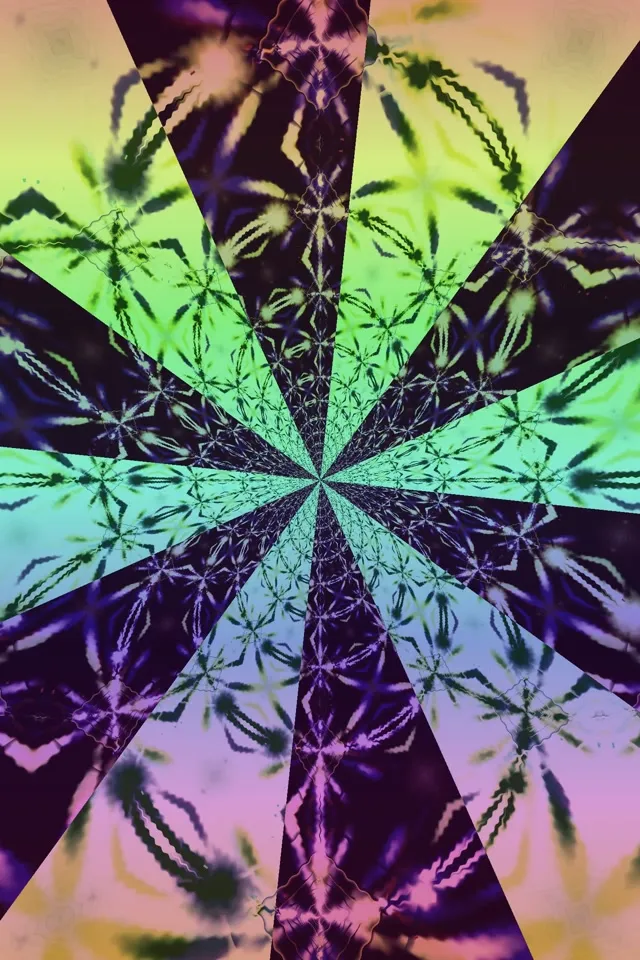 Buhay na neon kaleidoscope VJ loop na may lila, berde at pinkong radyal na simetrya. Abstraktong geometric na pattern ng cannabis leaf na umuusbong patungo sa labas na lumilikha ng nakaakit na 60fps motion background.