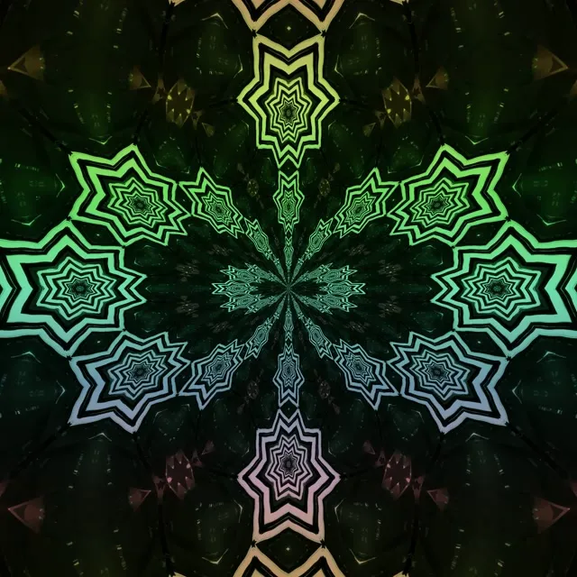 Świecący kalejdoskop gwiazdy neonowej ze zmieniającymi się zielonymi i fioletowymi wzorami geometrycznymi, symetryczna pętla VJ