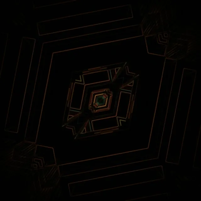 Koncentryczne diamenty i kwadraty z neonowymi konturami w odcieniach pomarańczy i bursztynu spiralujące do wewnątrz na głęboką czarną, tworząc hipnotyczny efekt tunelu wirowego 3D.