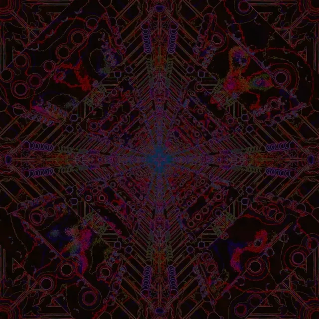 Terowong neon simetri dengan corak grid siber merah dan ungu, pusaran kaleidoskop, gelung gerakan geometri abstrak