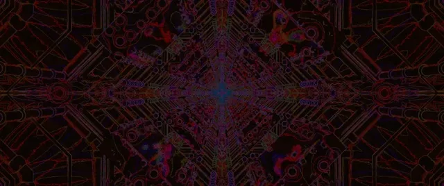 Czerwono-fioletowy tunel neonowy ze symetrycznym wzorem mandali cyber, świecące kształty geometryczne płynące przez ciemną przestrzeń cyfrową, pętla VJ 4K