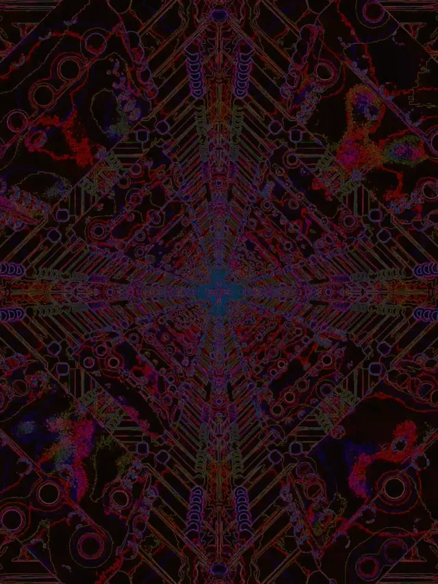 Sümmeetriline neon-tunnel punase, violetse ja sinise helendava geomeetriliste mustrite abil, mis moodustavad perspektiivse keerise, abstraktne kübernetilne mandala VJ-tsükkel