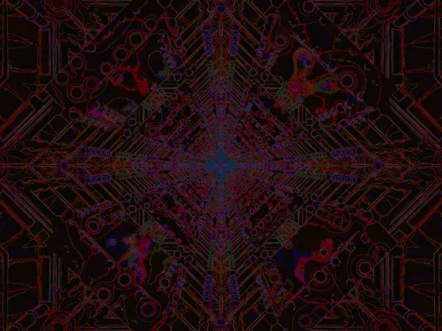 Simetrisks neona tunelis ar violetiem, sarkaniem un ziliem spīdošiem režģa līnijām, kas grimst tumsā kiberpaņķa virpulī, abstrakta 4K VJ cilpa