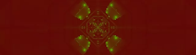 Caleidoscopio octágono fractal de neón dorado resplandeciente con patrones de luz simétricos en rojo profundo, creando un efecto túnel cautivador para bucles VJ