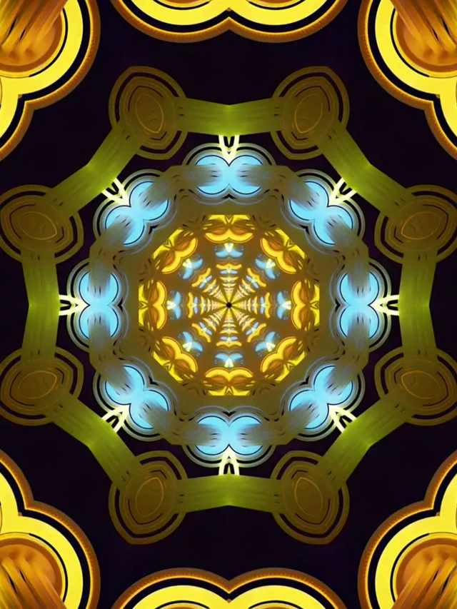 شاشة توقف نفق نيون ذهبي أزرق كاليدوسكوب 3:4 آيباد عمودي 60fps VJ loop