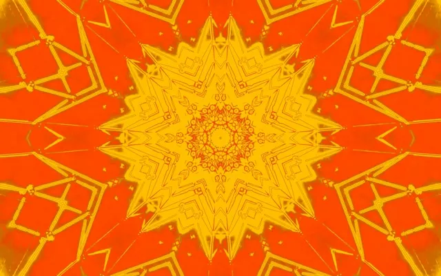 Strahlender gelb-oranger Neon-Kaleidoskop-Sternensplitter, der vom Zentrum expandiert, symmetrische geometrische Muster erzeugen Tunneltiefe, lebendige VJ-Loop-Bewegung