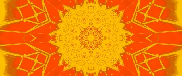 Bintang kaleidoskop emas bersinar dengan sinar neon kuning dan oranye dalam format sinematik, efek visual VJ 4K yang hipnotis