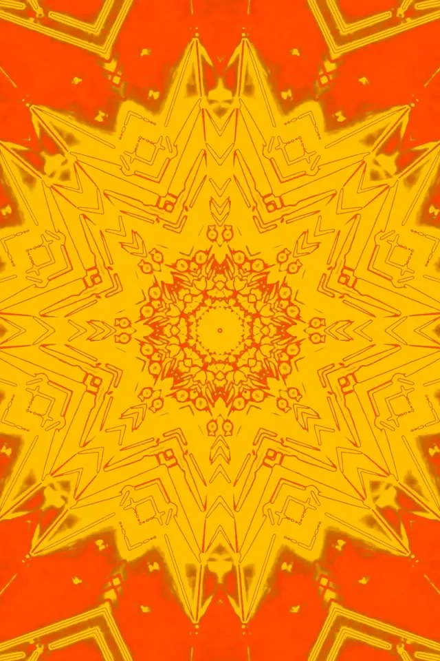 Šviečiantis geltonai oranžinis neoninės kaleidoskopo žvaigždės sprogimas su geometriniais sluoksniais spinduliuojančiais iš centro, sukuriantis hipnotizuojantį tunelio efektą VJ kilpai