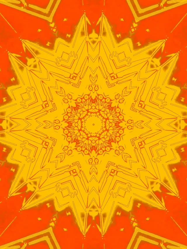 Symmetrinen neon kaleidoskooppi kullankeltaisella tähtikuviolla, joka säteilee keskuksesta, oranssit ja punaiset sävyt luovat hohteavan tunnelitehokkeen, abstrakti VJ tausta