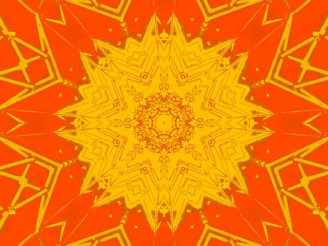 Padrón neon amarelo-laranxa raios sol kaleidoscopio irradiante con capas xeométricas simétricas creando efecto túnel luminoso para loop VJ