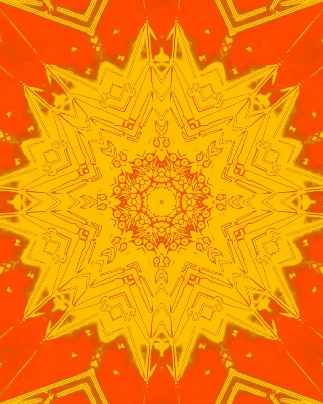 ნათელი ყვითალი და ნარინჯისფერი ნეონი კალეიდოსკოპი ვარსკვლავი აფეთქება ცენტრიდან გამოსხივებული კონცენტრული გეომეტრიული ფორმებით. აბსტრაქტული VJ მარყუჟი.