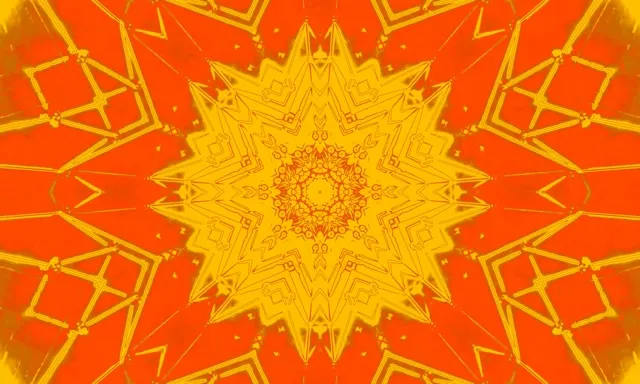 Erradiante kaleidoskopio motiboa urrezko izar leherkekin, neurri eta laranja neon tunelarekin, 60fps VJ begizta
