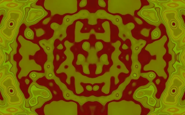 Pusaran kaleidoskop simetri hijau limau dan merah dalam dengan bentuk organik yang mengalir mencipta kesan terowong neon hipnotik. Gelung grafik gerakan VJ abstrak.