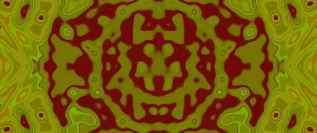 Kaleidoskopio fraktal neon berde-gorri simetrikoa tunela, organikoa eta argitsu duten ereduekin, VJ lus abstraktua 4K-an.