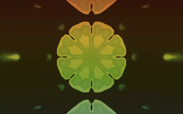 对称霓虹绿黄色分形曼荼罗图案，闪耀放射光线，抽象VJ循环背景