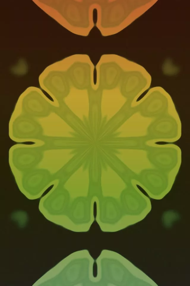 Συμμετρικό νεόνιο καλειδοσκόπιο με φύλλα ανοιχτό-πράσινα και χρυσό-πορτοκαλί, αφηρημένος φράκταλ VJ βρόχος 60fps