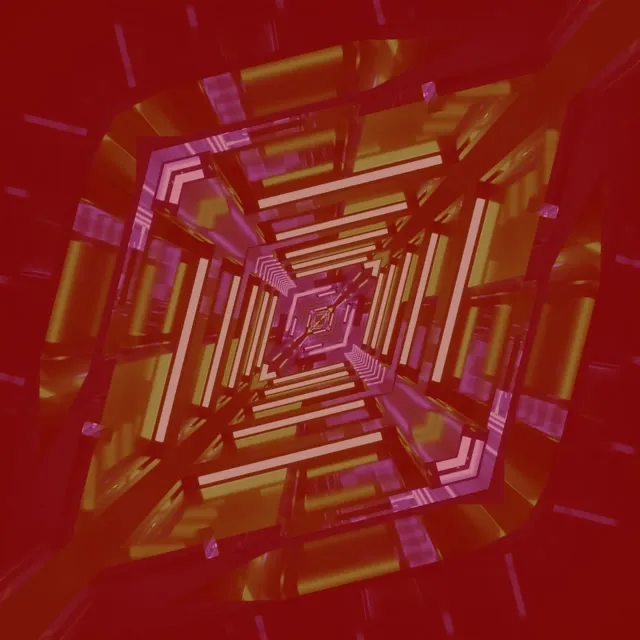 紅色、金色和粉紅色的抽象霓虹隧道，具有旋轉鑽石圖案，為 VJ 循環創造 3D 渦旋效果