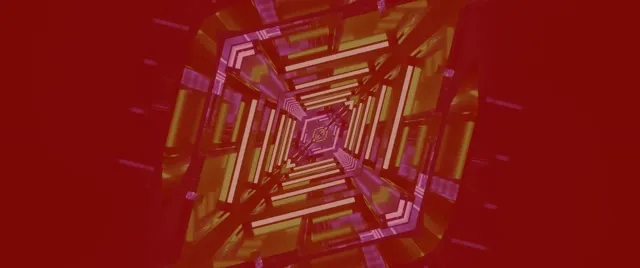 Terowong neon merah-emas dengan motif vortex berlian berputar bergelung ke dalam, mencipta gelung gerak abstrak 4K dengan bentuk geometri yang bersemangat
