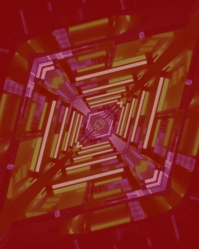 Tunel neon radiant cu pătrate de aur și magenta rotative spiralizând înăuntru, creând efect vortex hipnotic în buclă VJ 60fps