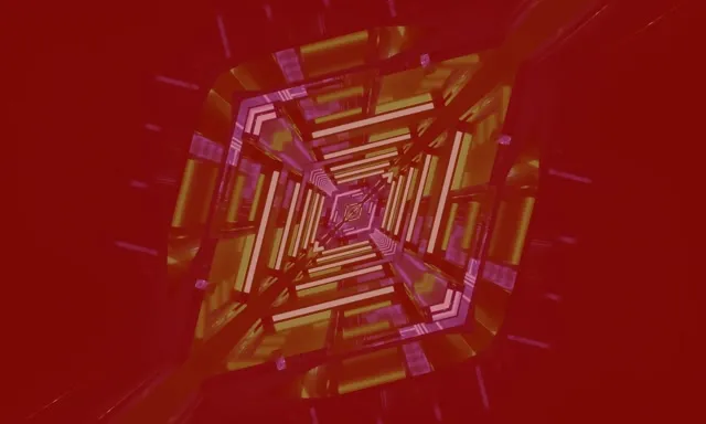 Tunel neon i artë dhe magenta me katrorë koncentrikë që krijojnë efektin e vorteksit spiral në sfond të kuq të thellë. Animacion VJ loop abstrakte.