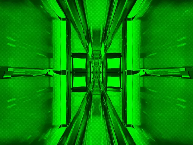 Túnel de néon verde brilhante com padrão de grade geométrica simétrica, raios negros criando profundidade nesta animação VJ abstrata