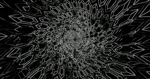 Hầm neon lục giác đen và trắng với các hoa văn hình học xoắn ốc tạo ra hiệu ứng 3D xoáy sâu cho VJ loops và nền chuyển động 4K 60fps