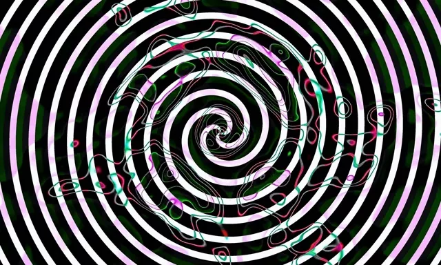 Tunel spiral neon hipnot me unaza koncentrike bardh-të zeza, thekse shkëlqyese cyan dhe magenta, lak lëvizjeje 3D magjepsës